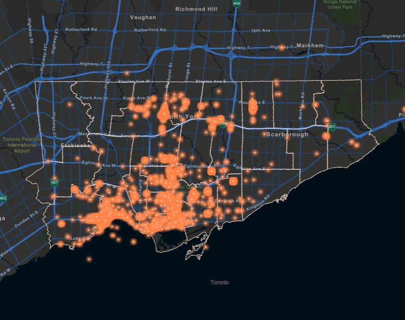 A map of Toronto with clustered orange dots in certain areas, mainly around downtown
