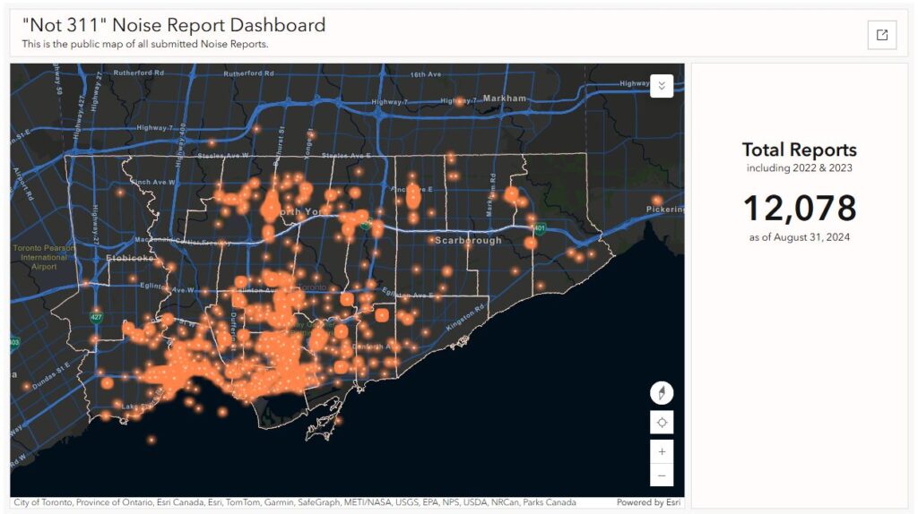 Map of Toronto showing over 12,000 community noise reports from the ‘Not 311’ Noise Report as of August 31, 2024.